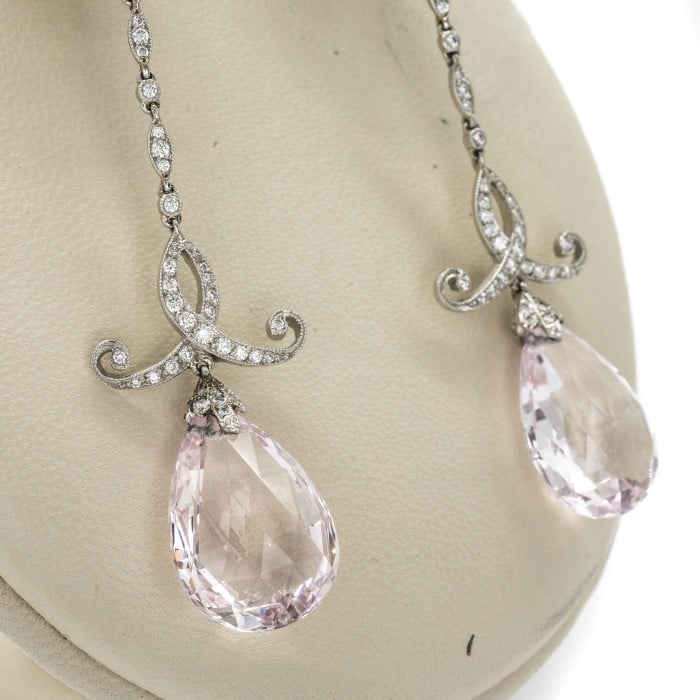 Modern Morganite Diamond and Platinum Drop Earrings