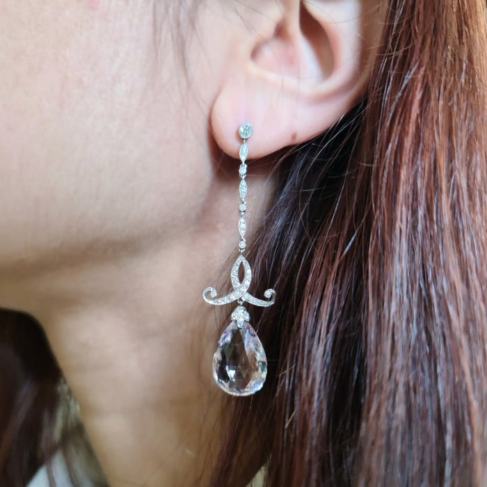 Modern Morganite Diamond and Platinum Drop Earrings