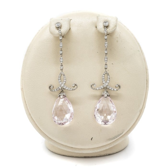Modern Morganite Diamond and Platinum Drop Earrings