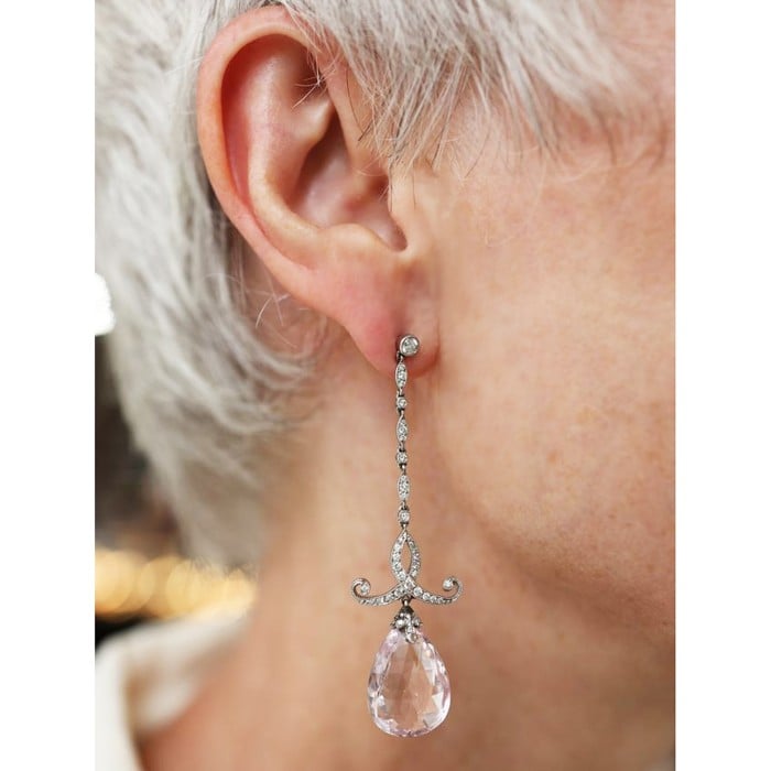 Modern Morganite Diamond and Platinum Drop Earrings