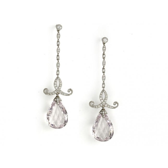 Modern Morganite Diamond and Platinum Drop Earrings