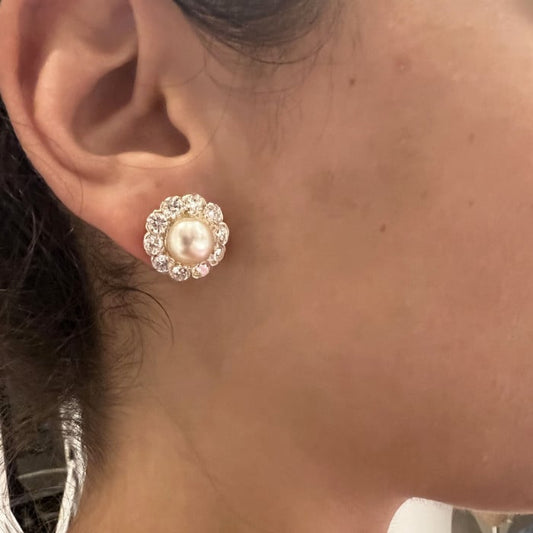 Modern Natural Pearl Diamond and Gold Cluster Earrings