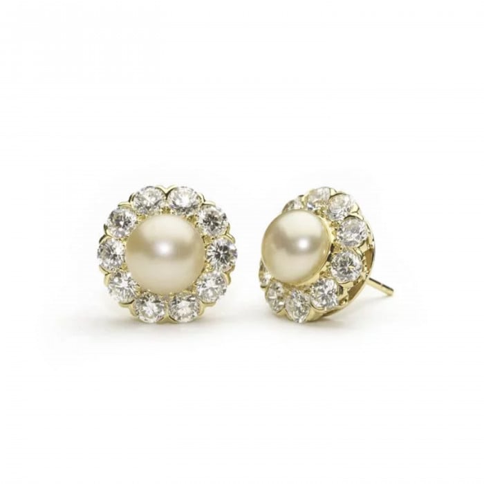 Modern Natural Pearl Diamond and Gold Cluster Earrings