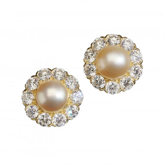 Modern Natural Pearl Diamond and Gold Cluster Earrings