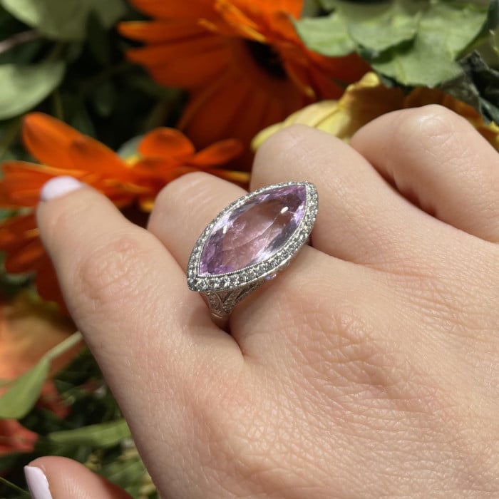 Modern Navette Kunzite, Diamond and Platinum Dress Ring