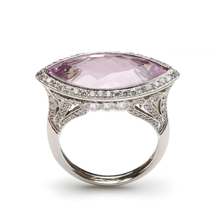 Modern Navette Kunzite, Diamond and Platinum Dress Ring