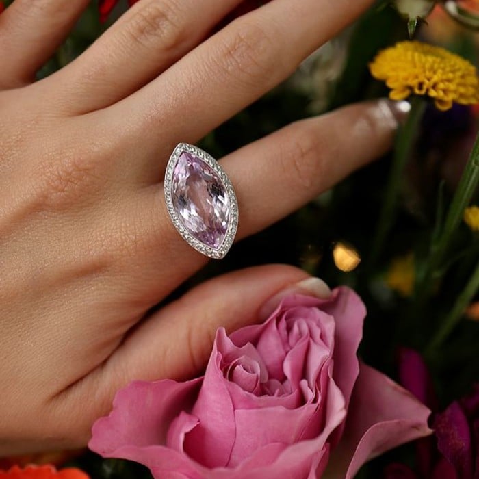 Modern Navette Kunzite, Diamond and Platinum Dress Ring