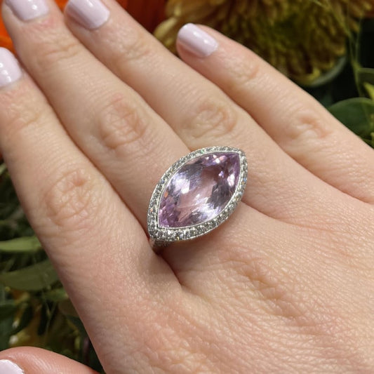 Modern Navette Kunzite, Diamond and Platinum Dress Ring