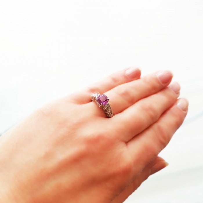 Modern Pink Sapphire, 1.57 Carats Diamond and Platinum Ring, Circa 2009