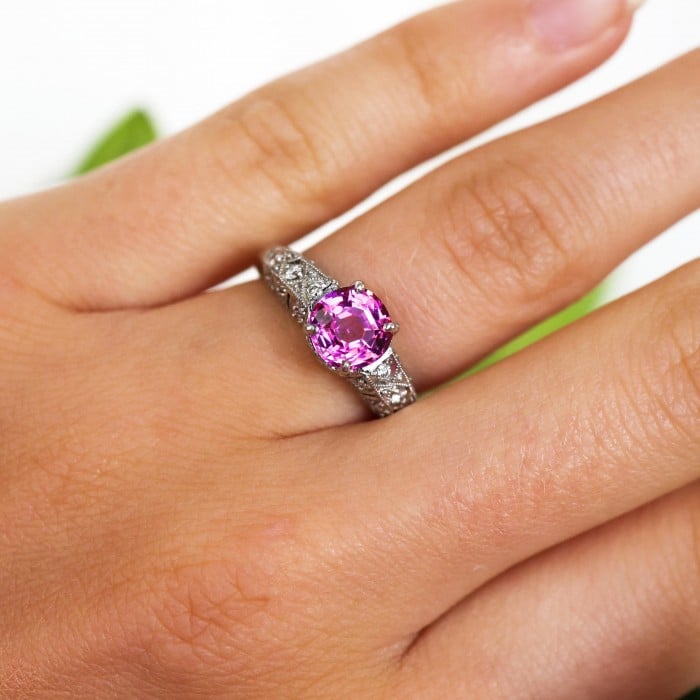Modern Pink Sapphire, 1.57 Carats Diamond and Platinum Ring, Circa 2009