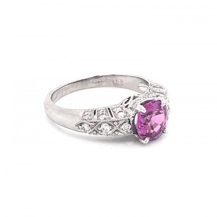 Modern Pink Sapphire, 1.57 Carats Diamond and Platinum Ring, Circa 2009