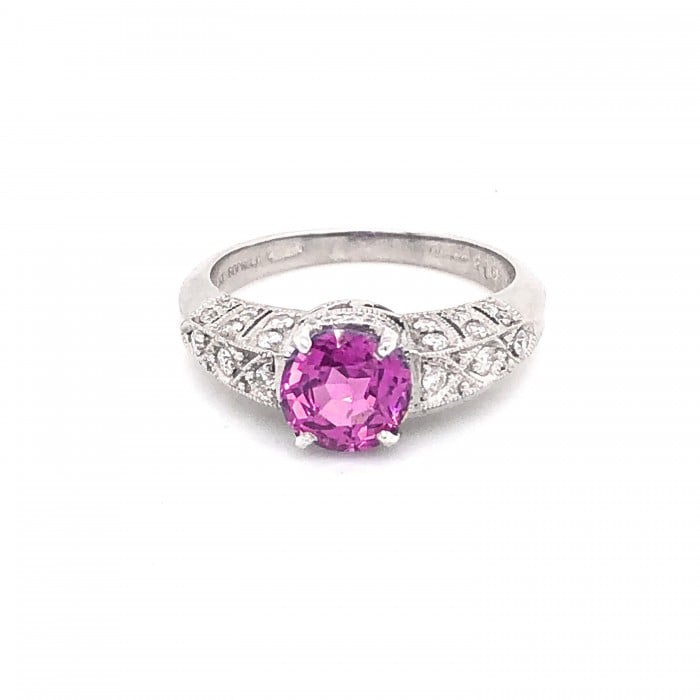 Modern Pink Sapphire, 1.57 Carats Diamond and Platinum Ring, Circa 2009