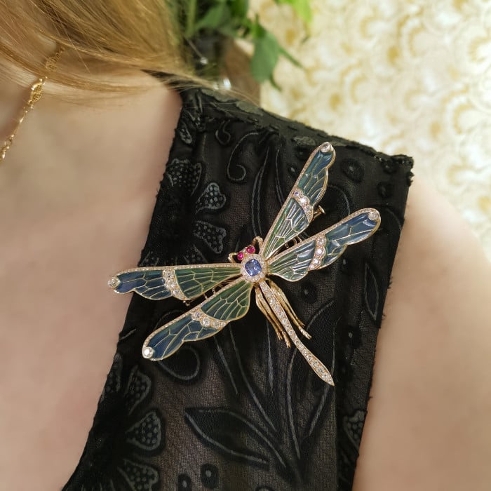 Modern Plique à Jour Enamel, Diamond, Sapphire, Ruby and Gold Dragonfly Brooch