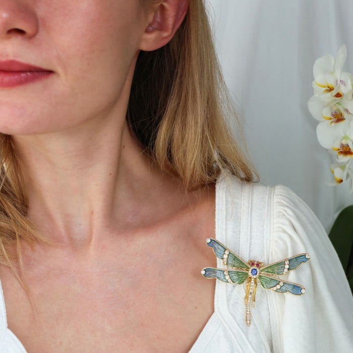 Modern Plique à Jour Enamel, Diamond, Sapphire, Ruby and Gold Dragonfly Brooch