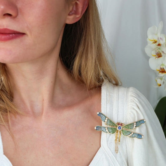 Modern Plique à Jour Enamel, Diamond, Sapphire, Ruby and Gold Dragonfly Brooch