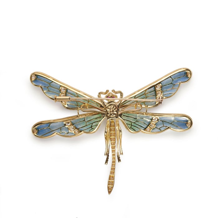 Modern Plique à Jour Enamel, Diamond, Sapphire, Ruby and Gold Dragonfly Brooch