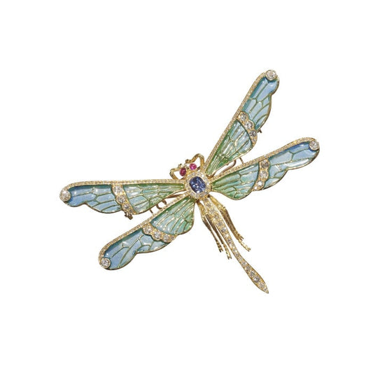 Modern Plique à Jour Enamel, Diamond, Sapphire, Ruby and Gold Dragonfly Brooch