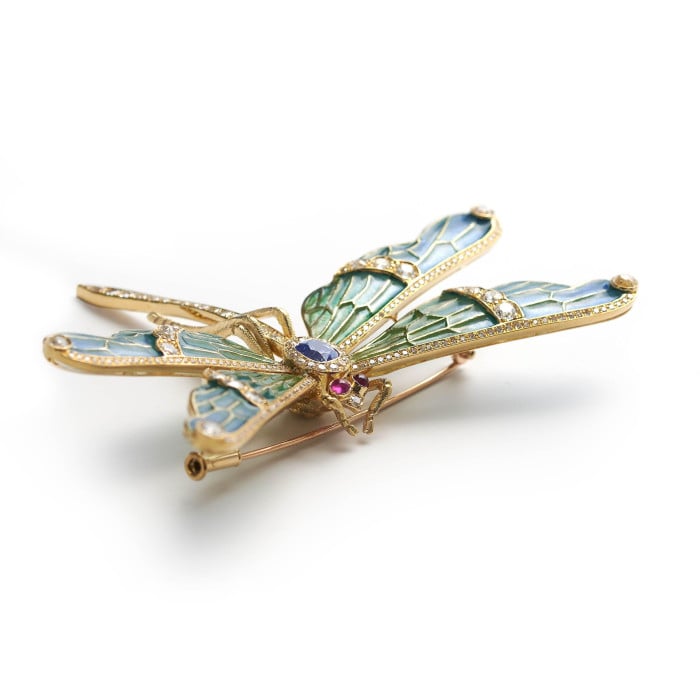 Modern Plique à Jour Enamel, Diamond, Sapphire, Ruby and Gold Dragonfly Brooch