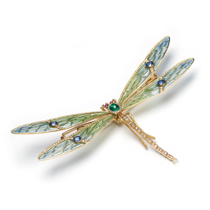 Modern Plique à Jour Enamel, Emerald, Sapphire, Diamond, Ruby and Gold Dragonfly Brooch