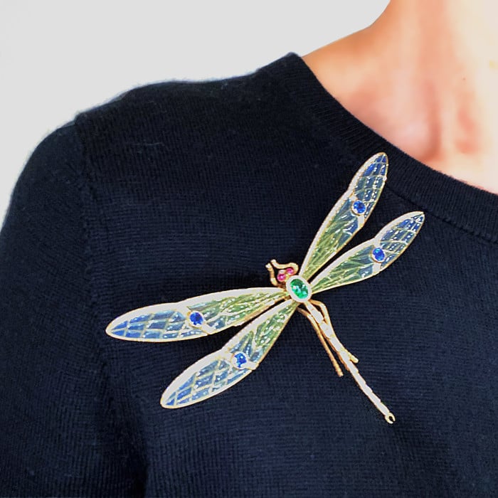 Modern Plique à Jour Enamel, Emerald, Sapphire, Diamond, Ruby and Gold Dragonfly Brooch