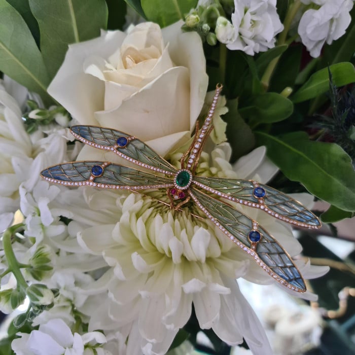 Modern Plique à Jour Enamel, Emerald, Sapphire, Diamond, Ruby and Gold Dragonfly Brooch