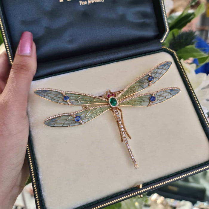 Modern Plique à Jour Enamel, Emerald, Sapphire, Diamond, Ruby and Gold Dragonfly Brooch