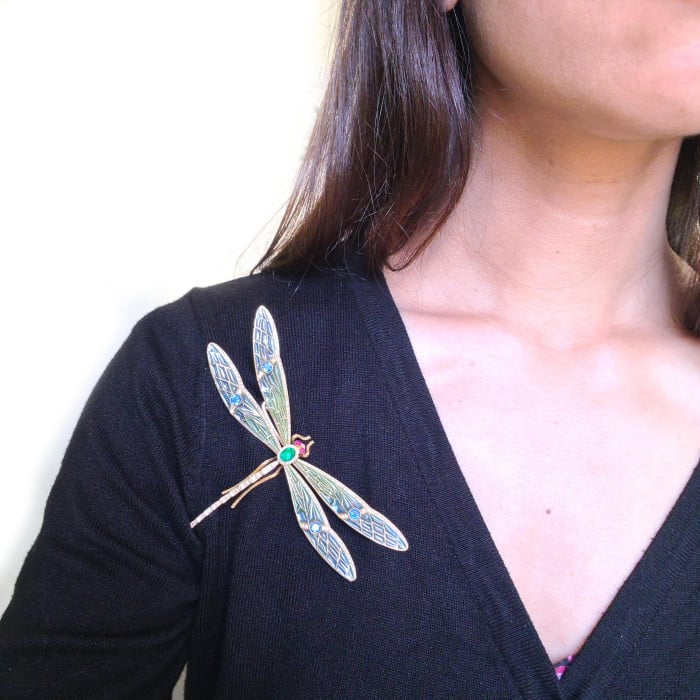Modern Plique à Jour Enamel, Emerald, Sapphire, Diamond, Ruby and Gold Dragonfly Brooch