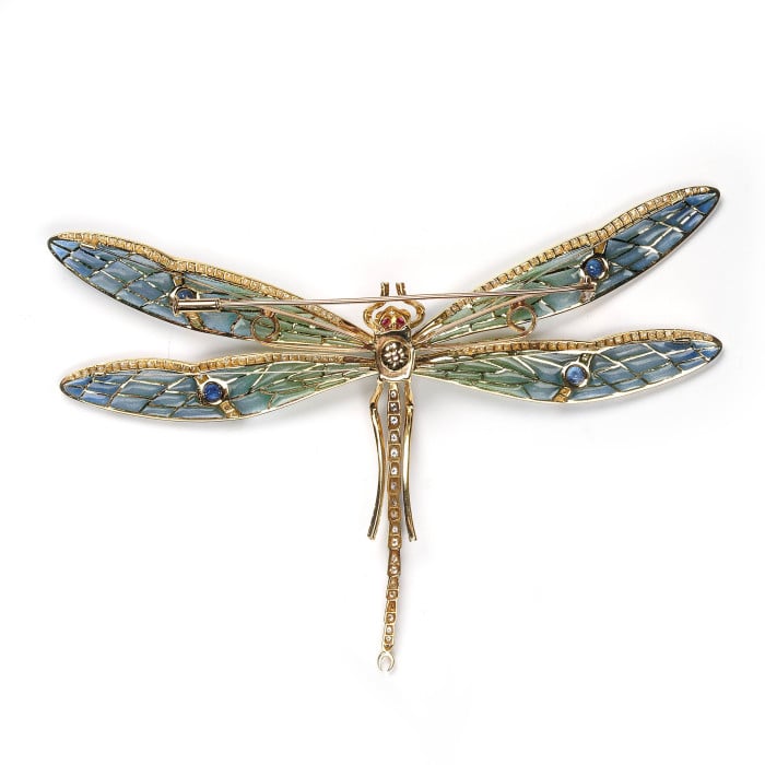 Modern Plique à Jour Enamel, Emerald, Sapphire, Diamond, Ruby and Gold Dragonfly Brooch