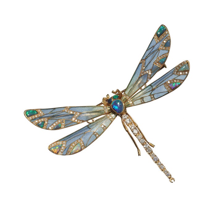 Modern Plique à Jour Enamel, Opal, Diamond and Gold Dragonfly Brooch
