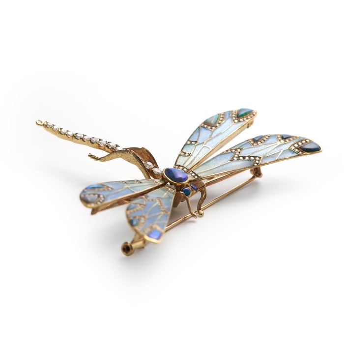 Modern Plique à Jour Enamel, Opal, Diamond and Gold Dragonfly Brooch
