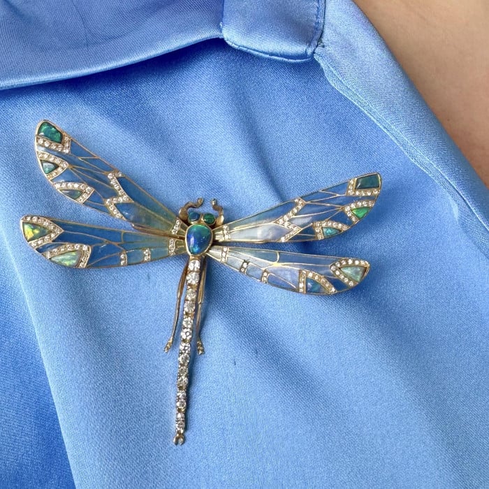 Modern Plique à Jour Enamel, Opal, Diamond and Gold Dragonfly Brooch