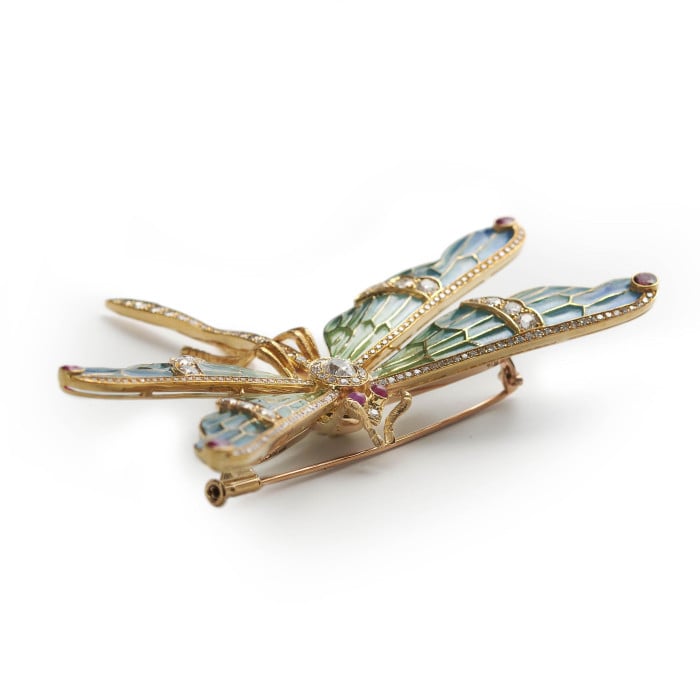 Modern Plique à Jour Enamel, Ruby, Diamond and Gold Dragonfly Brooch