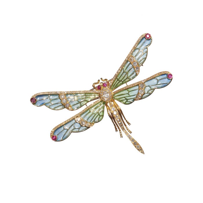 Modern Plique à Jour Enamel, Ruby, Diamond and Gold Dragonfly Brooch
