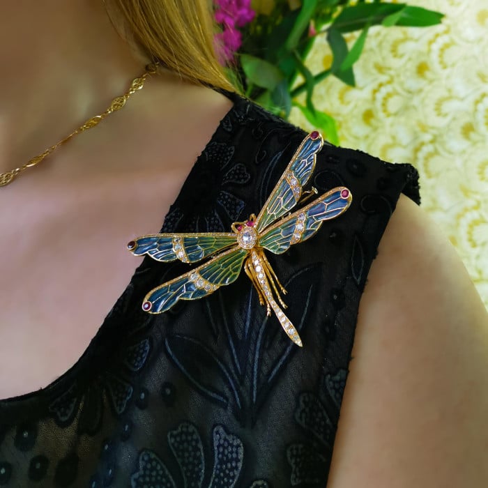 Modern Plique à Jour Enamel, Ruby, Diamond and Gold Dragonfly Brooch
