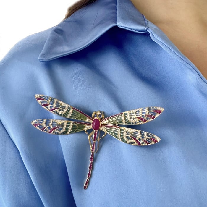 Modern Plique à Jour Enamel, Ruby, Diamond, Sapphire and Gold Dragonfly Brooch