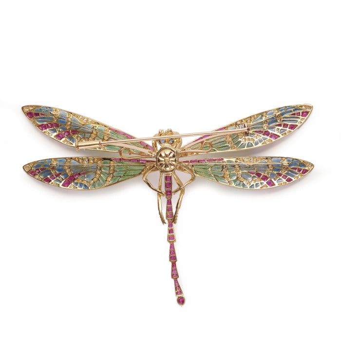 Modern Plique à Jour Enamel, Ruby, Diamond, Sapphire and Gold Dragonfly Brooch