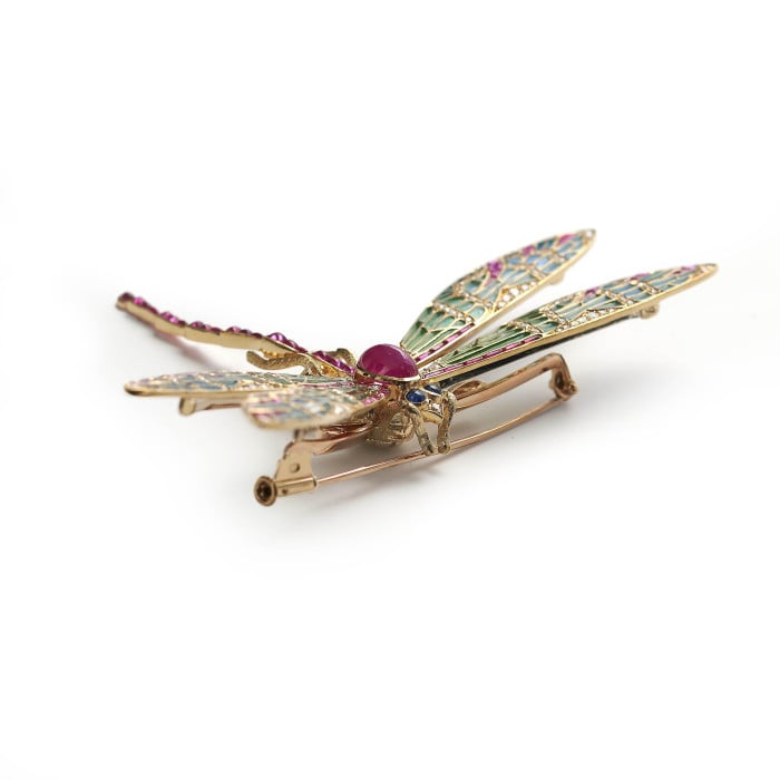 Modern Plique à Jour Enamel, Ruby, Diamond, Sapphire and Gold Dragonfly Brooch