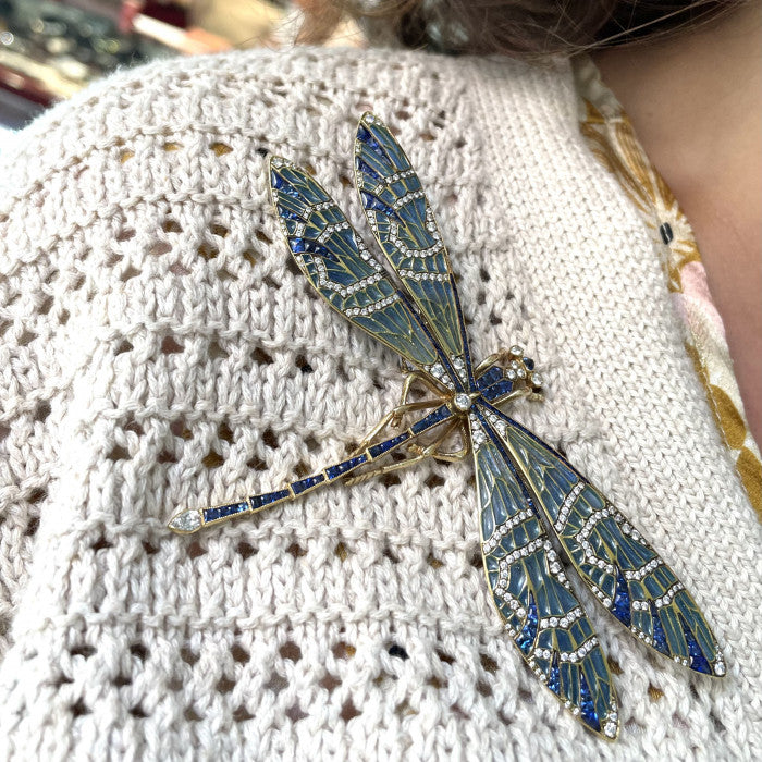 Modern Plique à Jour Enamel Sapphire Diamond and Gold Dragonfly Brooch
