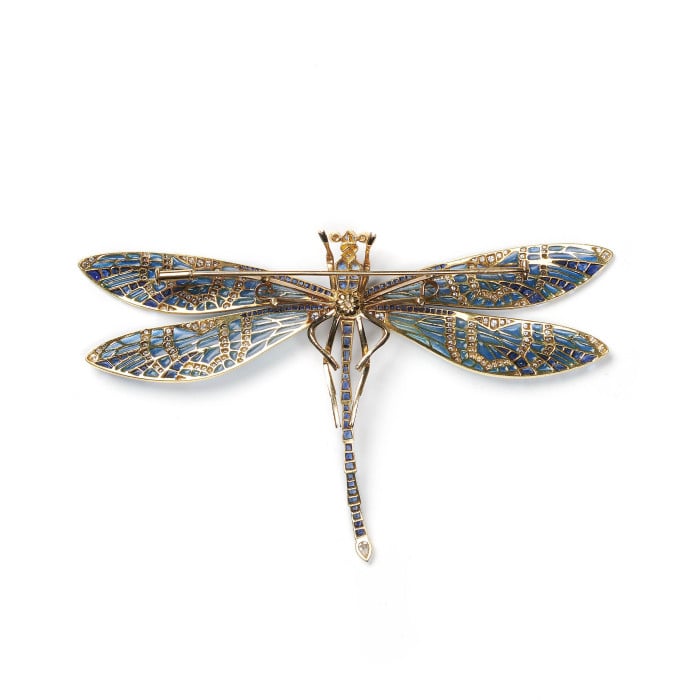 Modern Plique à Jour Enamel Sapphire Diamond and Gold Dragonfly Brooch
