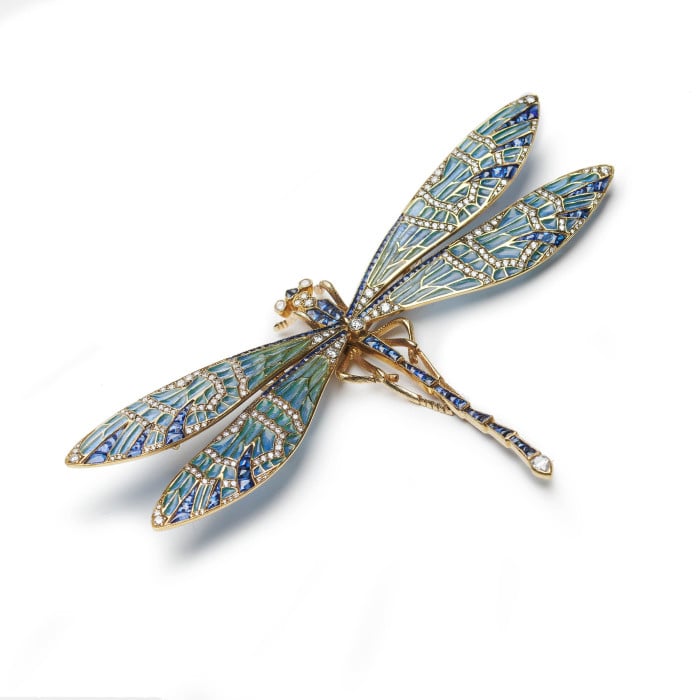 Modern Plique à Jour Enamel Sapphire Diamond and Gold Dragonfly Brooch