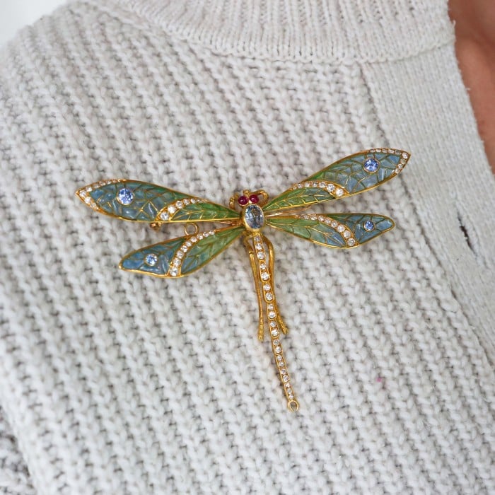 Modern Plique à Jour Enamel, Sapphire, Diamond, Ruby and Gold Dragonfly Brooch