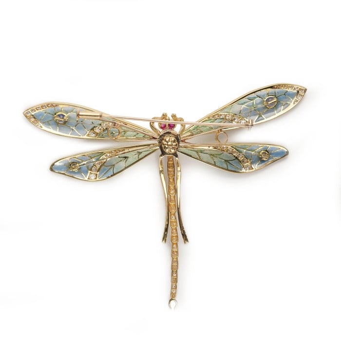 Modern Plique à Jour Enamel, Sapphire, Diamond, Ruby and Gold Dragonfly Brooch