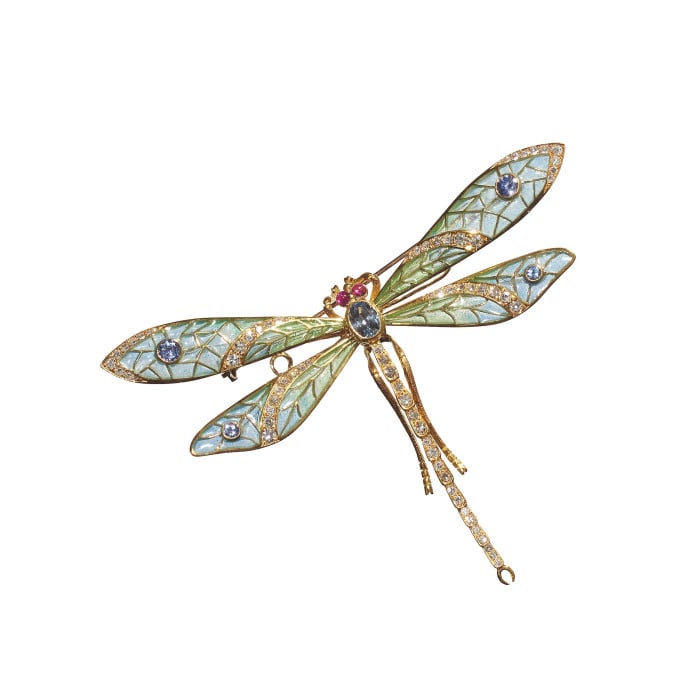 Modern Plique à Jour Enamel, Sapphire, Diamond, Ruby and Gold Dragonfly Brooch