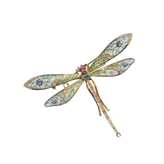 Modern Plique à Jour Enamel, Sapphire, Diamond, Ruby and Gold Dragonfly Brooch