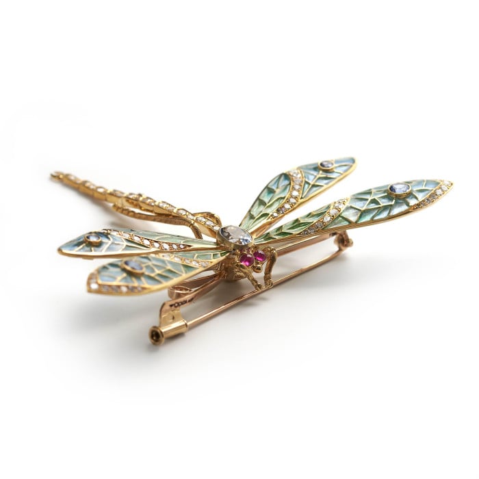 Modern Plique à Jour Enamel, Sapphire, Diamond, Ruby and Gold Dragonfly Brooch