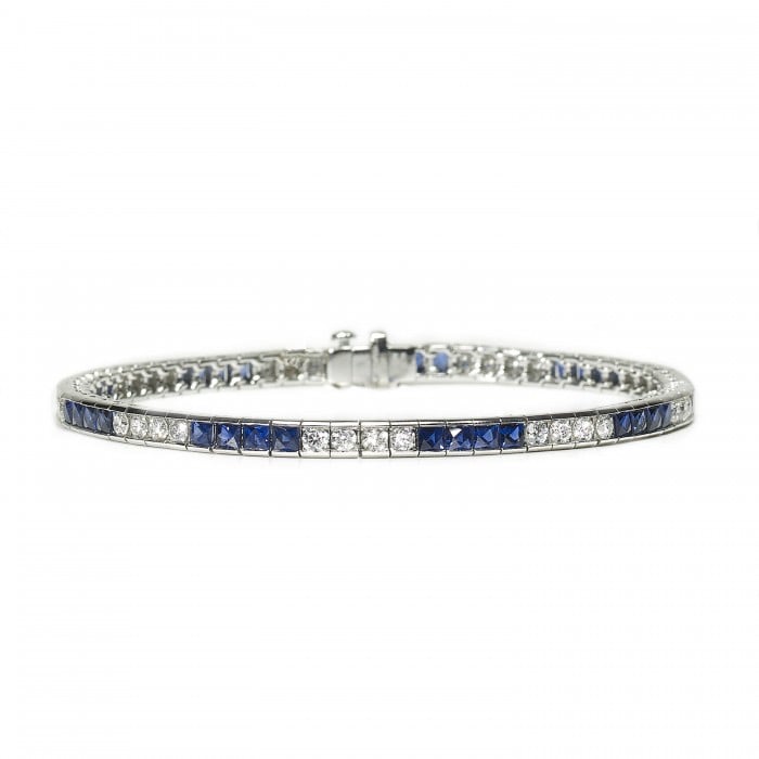 Modern Sapphire, 3.89 Carats, Diamond, 1.65 Carats and Platinum Line Bracelet