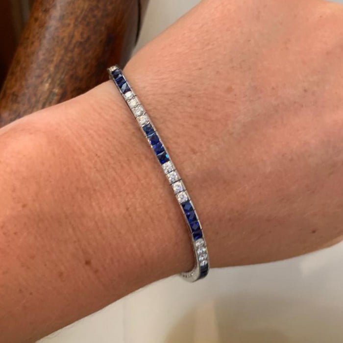 Modern Sapphire, 3.89 Carats, Diamond, 1.65 Carats and Platinum Line Bracelet
