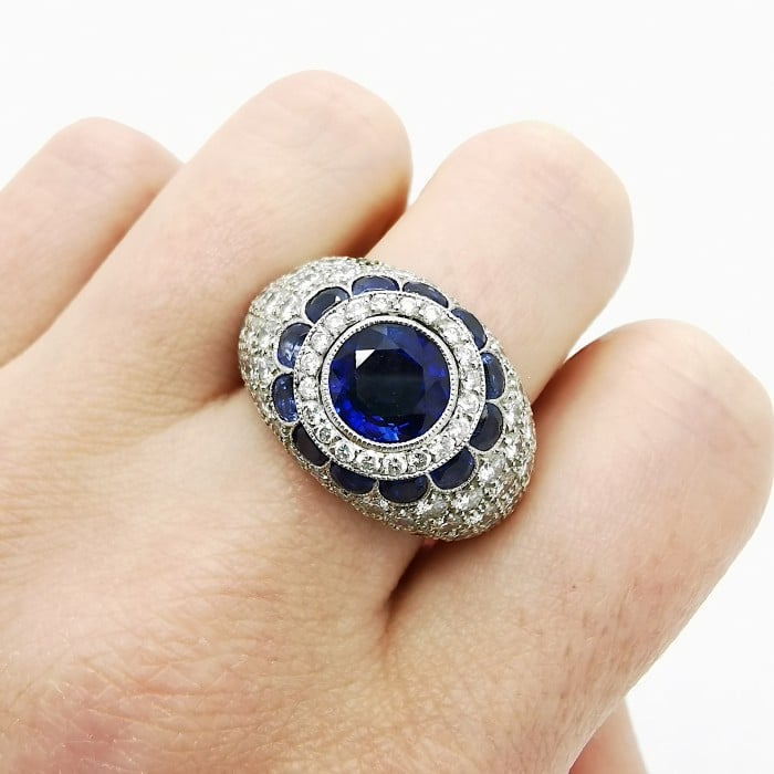 Modern Sapphire Diamond and Platinum Bombé Ring