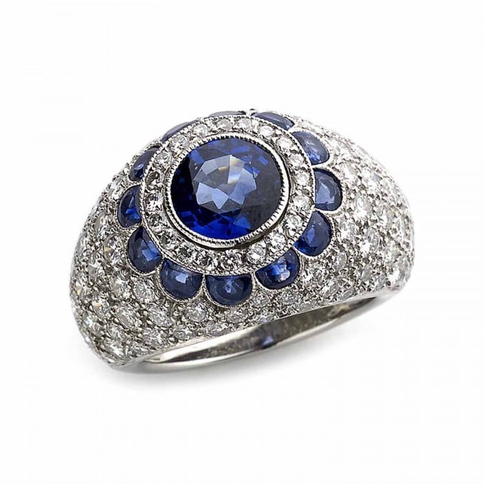Modern Sapphire Diamond and Platinum Bombé Ring