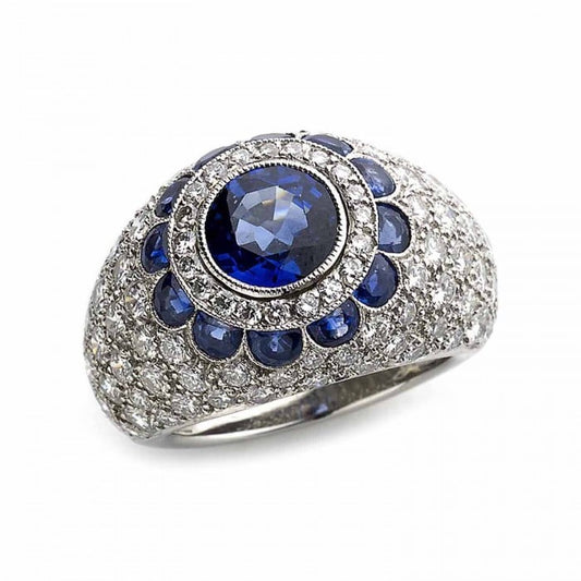 Modern Sapphire Diamond and Platinum Bombé Ring